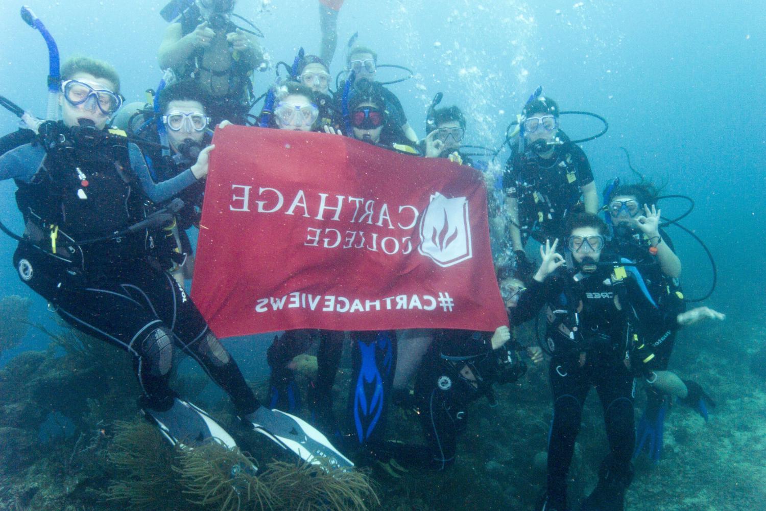 学生们手持<a href='http://jhuk.ngskmc-eis.net'>博彩网址大全</a>旗帜，在j学期洪都拉斯游学之旅中潜水.